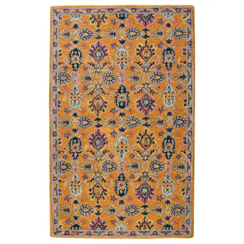 5' X 8' Orange Purple And Blue Wool Floral Hand Tufted Area Rug
