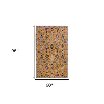 5' X 8' Orange Purple And Blue Wool Floral Hand Tufted Area Rug