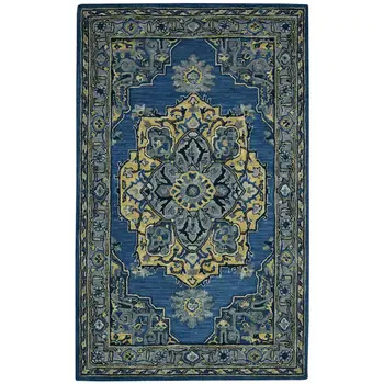 2' X 3' Teal And Gray Wool Medallion Hand Tufted Area Rug
