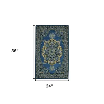 2' X 3' Teal And Gray Wool Medallion Hand Tufted Area Rug