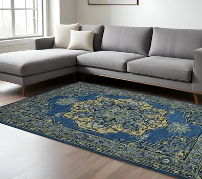 8' X 11' Teal And Gray Wool Medallion Hand Tufted Area Rug