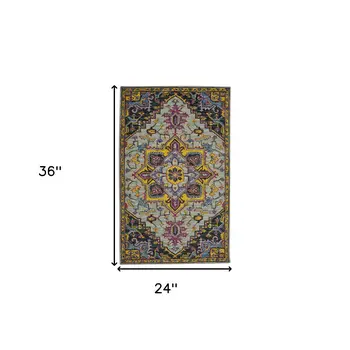2' X 3' Gray Purple And Gold Wool Medallion Hand Tufted Area Rug