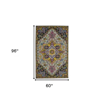 5' X 8' Gray Purple And Gold Wool Medallion Hand Tufted Area Rug