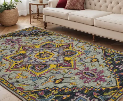 5' X 8' Gray Purple And Gold Wool Medallion Hand Tufted Area Rug