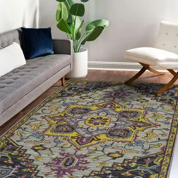 8' X 10' Gray Purple And Gold Wool Medallion Hand Tufted Area Rug