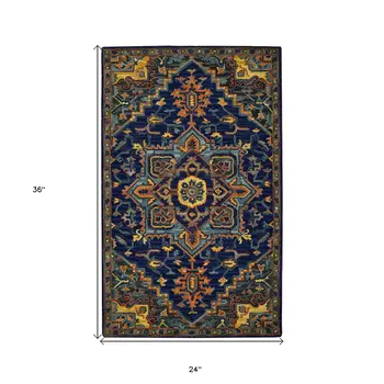 2' X 3' Blue Teal And Brick Red Wool Medallion Hand Tufted Area Rug