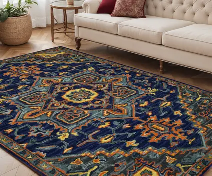 5' X 8' Blue Teal And Brick Red Wool Medallion Hand Tufted Area Rug