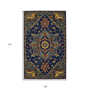 8' X 10' Blue Teal And Brick Red Wool Medallion Hand Tufted Area Rug