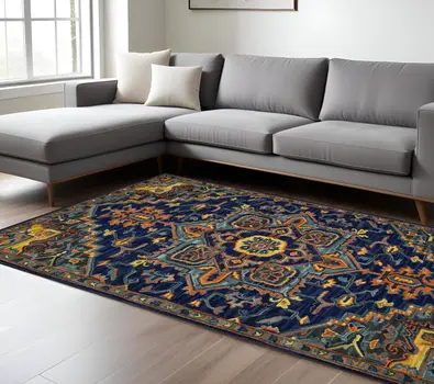 8' X 11' Blue Teal And Brick Red Wool Medallion Hand Tufted Area Rug