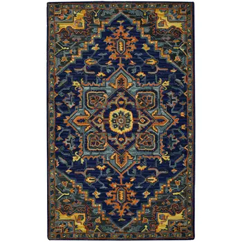 8' X 11' Blue Teal And Brick Red Wool Medallion Hand Tufted Area Rug