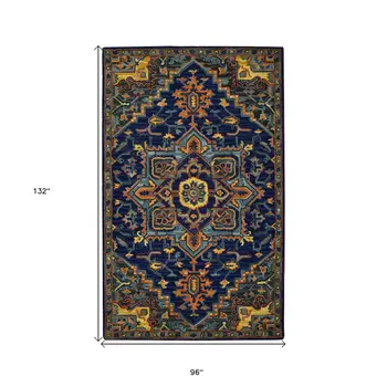 8' X 11' Blue Teal And Brick Red Wool Medallion Hand Tufted Area Rug