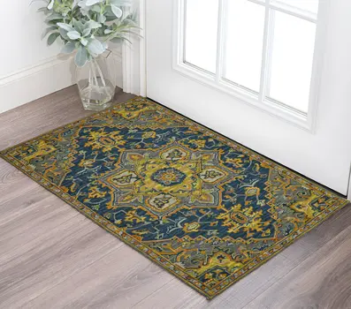 2' X 3' Blue Gray And Orange Wool Medallion Hand Tufted Area Rug