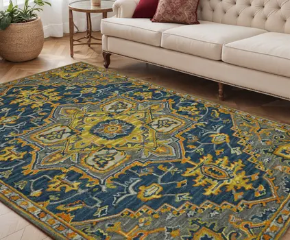 5' X 8' Blue Gray And Orange Wool Medallion Hand Tufted Area Rug