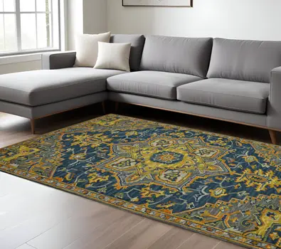 8' X 10' Blue Gray And Orange Wool Medallion Hand Tufted Area Rug