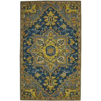 8' X 10' Blue Gray And Orange Wool Medallion Hand Tufted Area Rug