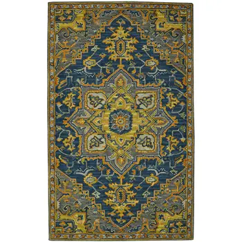 8' X 11' Blue Gray And Orange Wool Medallion Hand Tufted Area Rug