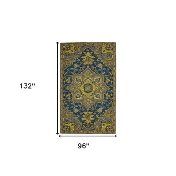 8' X 11' Blue Gray And Orange Wool Medallion Hand Tufted Area Rug