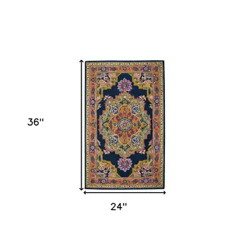 2' X 3' Blue Purple And Brown Wool Medallion Hand Tufted Area Rug