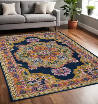 5' X 8' Blue Purple And Brown Wool Medallion Hand Tufted Area Rug