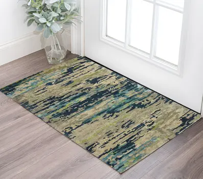 2' X 3' Sand And Green Wool Abstract Hand Tufted Area Rug