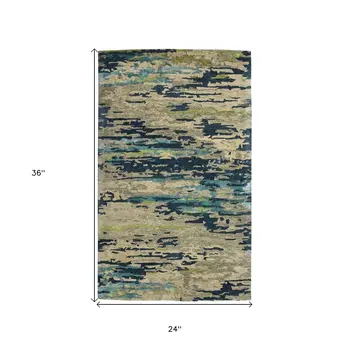 2' X 3' Sand And Green Wool Abstract Hand Tufted Area Rug