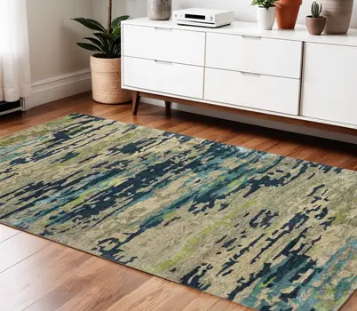 4' X 6' Sand And Green Wool Abstract Hand Tufted Area Rug