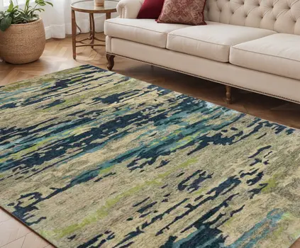 5' X 8' Sand And Green Wool Abstract Hand Tufted Area Rug