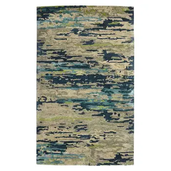 9' X 13' Sand And Green Wool Abstract Hand Tufted Area Rug
