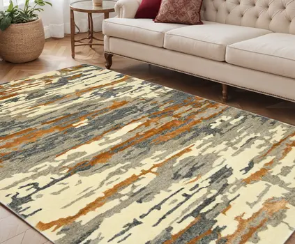 5' X 8' Orange Ivory And Green Wool Abstract Hand Tufted Area Rug