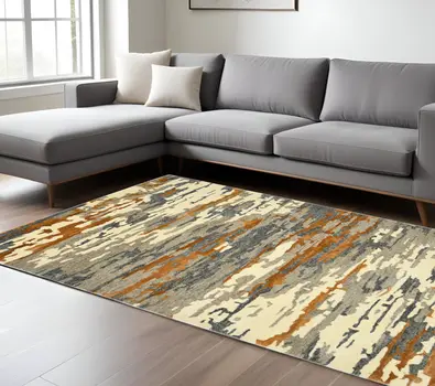 8' X 10' Orange Ivory And Green Wool Abstract Hand Tufted Area Rug