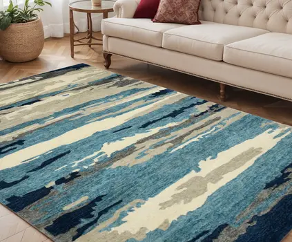 5' X 8' Blue Gray And Ivory Wool Abstract Hand Tufted Area Rug
