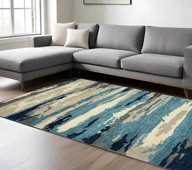 8' X 10' Blue Gray And Ivory Wool Abstract Hand Tufted Area Rug