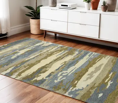4' X 6' Light Blue Ivory And Brown Wool Abstract Hand Tufted Area Rug