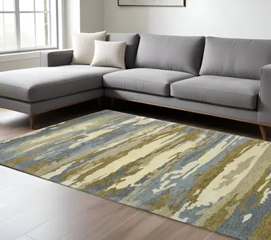9' X 13' Light Blue Ivory And Brown Wool Abstract Hand Tufted Area Rug