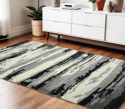 4' X 6' Dark Gray Black And Ivory Wool Abstract Hand Tufted Area Rug