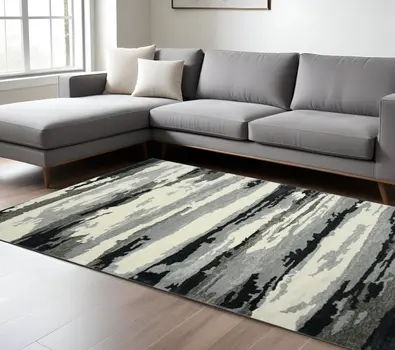 8' X 10' Dark Gray Black And Ivory Wool Abstract Hand Tufted Area Rug