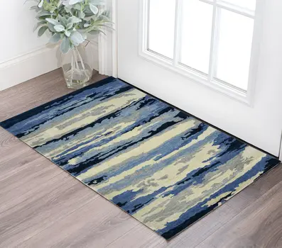 2' X 3' Navy Blue Ivory And Gray Wool Abstract Hand Tufted Area Rug