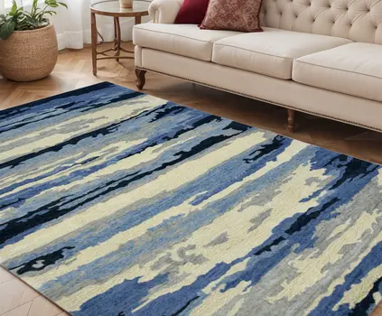 5' X 8' Navy Blue Ivory And Gray Wool Abstract Hand Tufted Area Rug