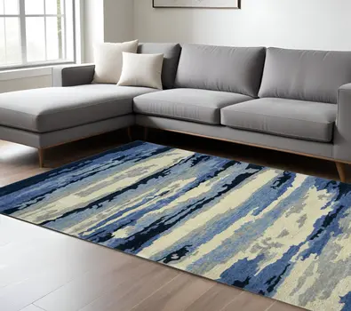 8' X 10' Navy Blue Ivory And Gray Wool Abstract Hand Tufted Area Rug