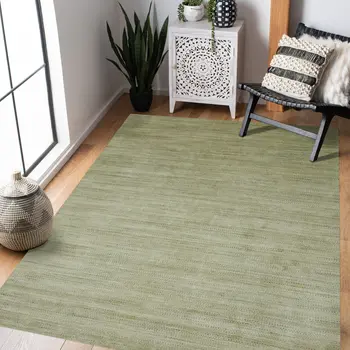 9' X 12' Green And Sage Wool Striped Hand Woven Area Rug