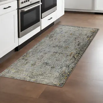 8' Gray Blue And Rust Floral Medallion Runner Rug