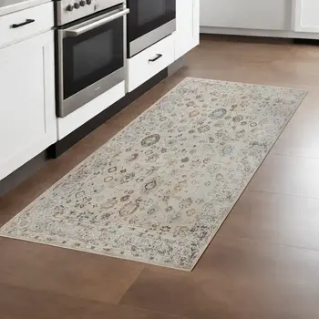 8' Ivory Blue And Gray Floral Medallion Runner Rug