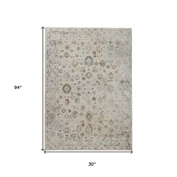 8' Ivory Blue And Gray Floral Medallion Runner Rug