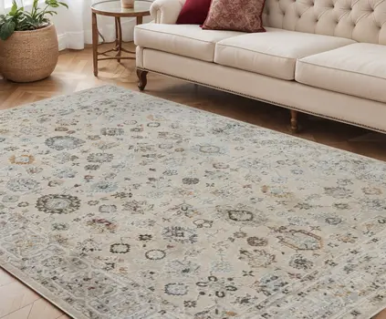 5' X 8' Ivory Blue And Gray Floral Medallion Area Rug