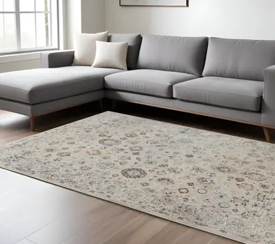 9' X 12' Ivory Blue And Gray Floral Medallion Area Rug