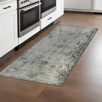 8' Gray And Black Floral Medallion Runner Rug