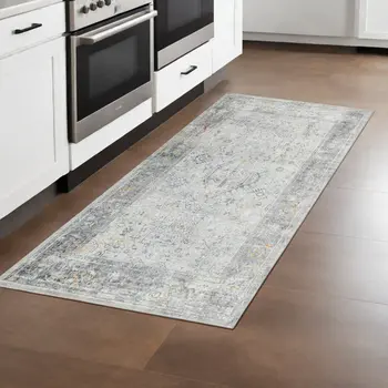 8' Gray Silver And Rust Medallion Runner Rug