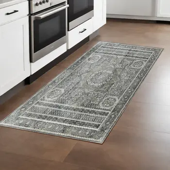 8' Charcoal And Gray Medallion Runner Rug