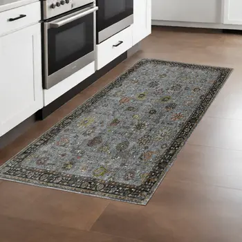8' Black Gray And Brown Floral Runner Rug