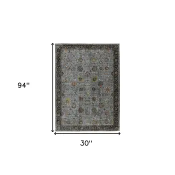 8' Black Gray And Brown Floral Runner Rug